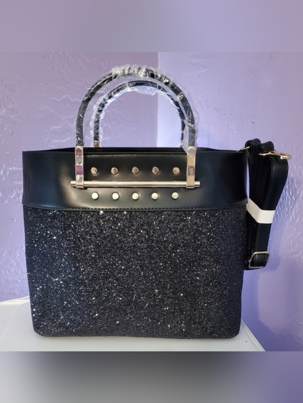 Black Glitter Structured Tote Bag
